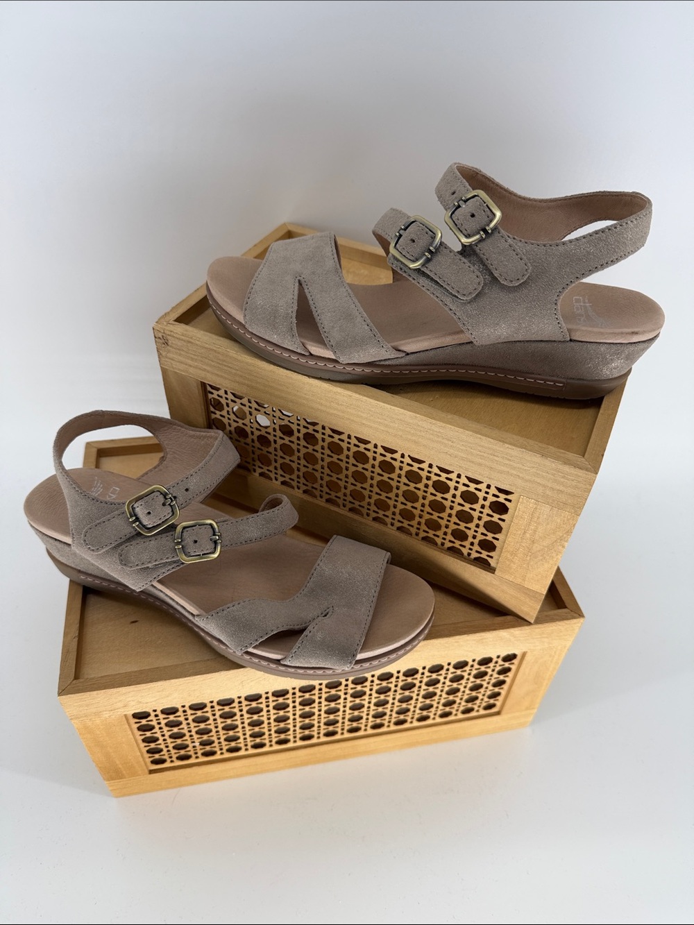 Dansko Taupe Suede Dual-Buckle Slingback Sandals size 7 / 37